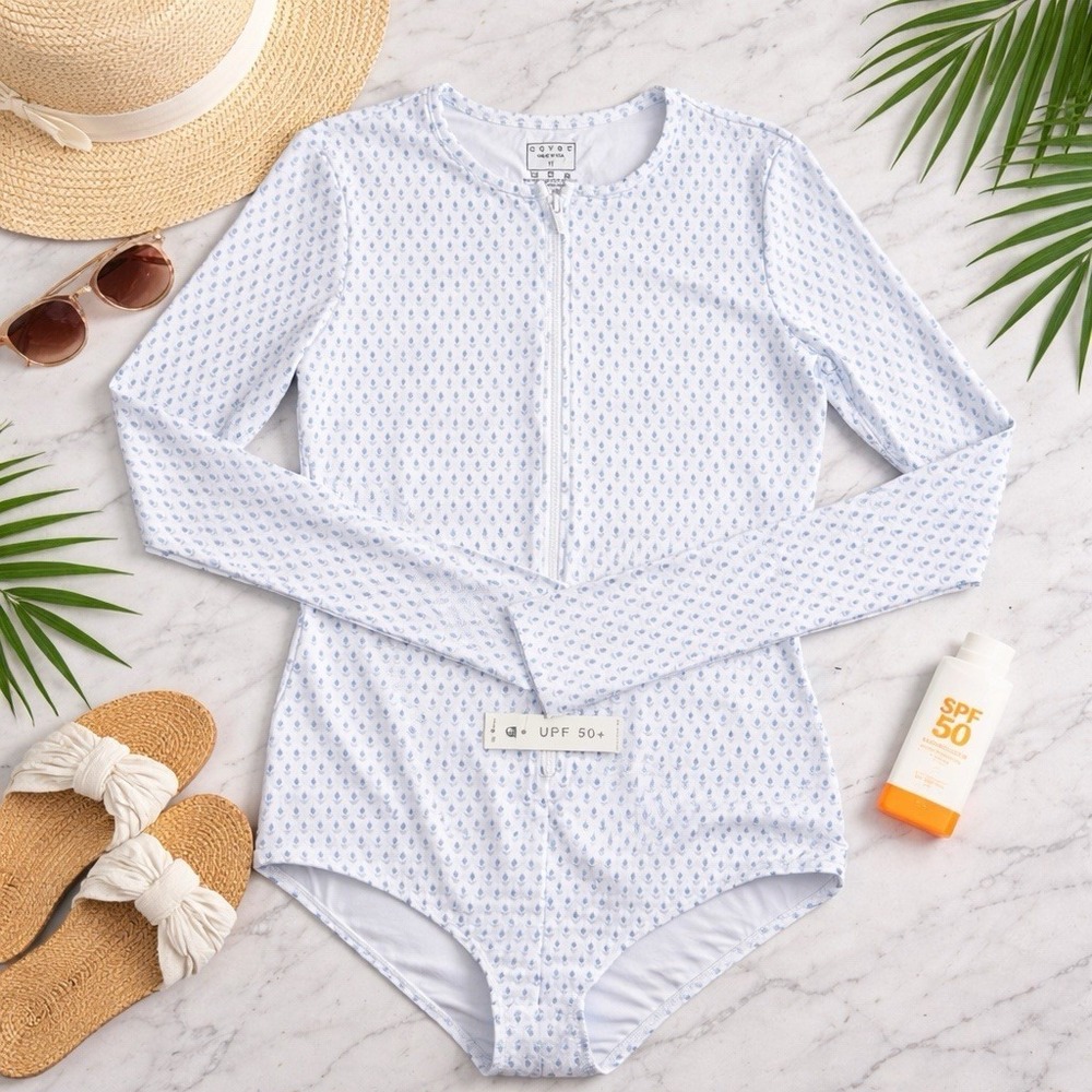 Tuckernuck Cover Swim One-Piece Swimsuit Women M Long Sleeve Front Zip NWT $220